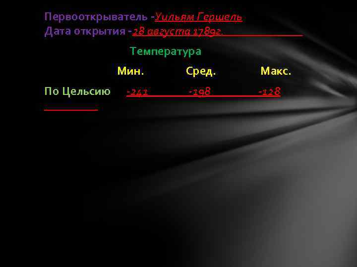 Первооткрыватель -Уильям Гершель Дата открытия -28 августа 1789 г. Температура Мин. По Цельсию -241