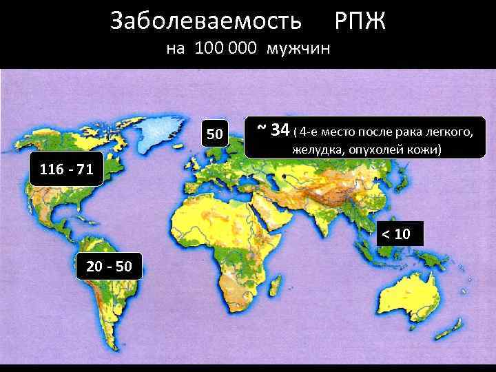 Заболеваемость на 100 000 мужчин 50 РПЖ ~ 34 ( 4 -е место после