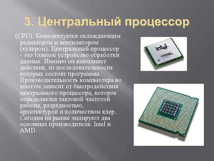 3. Центральный процессор (CPU). Комплектуется охлаждающим радиатором и вентилятором (кулером). Центральный процессор - это