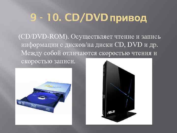 9 - 10. CD/DVD привод (CD/DVD-ROM). Осуществляет чтение и запись информации с дисков/на диски