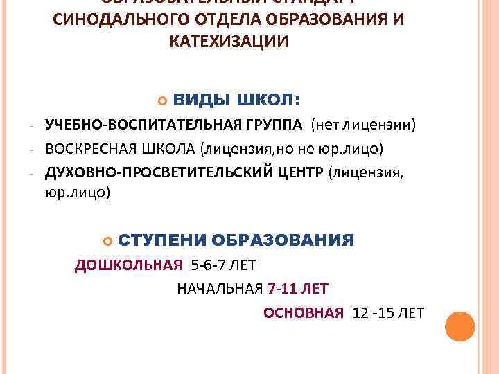 ОБРАЗОВАТЕЛЬНЫЙ СТАНДАРТ СИНОДАЛЬНОГО ОТДЕЛА ОБРАЗОВАНИЯ И КАТЕХИЗАЦИИ ВИДЫ ШКОЛ: УЧЕБНО-ВОСПИТАТЕЛЬНАЯ ГРУППА (нет лицензии) ВОСКРЕСНАЯ