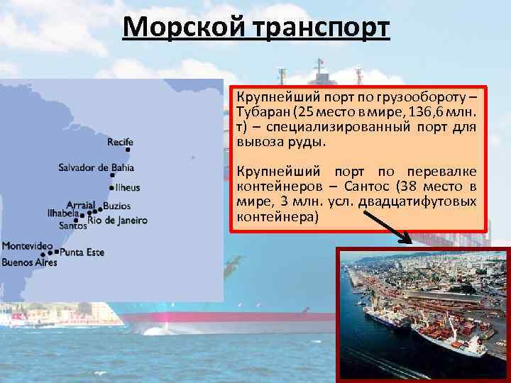 Морской транспорт Крупнейший порт по грузообороту – Тубаран (25 место в мире, 136, 6