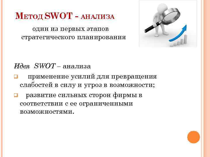  МЕТОД SWOT - АНАЛИЗА один из первых этапов стратегического планирования Идея SWOT –