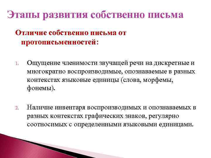 Этапы развития собственно письма Отличие собственно письма от протописьменностей: 1. Ощущение членимости звучащей речи