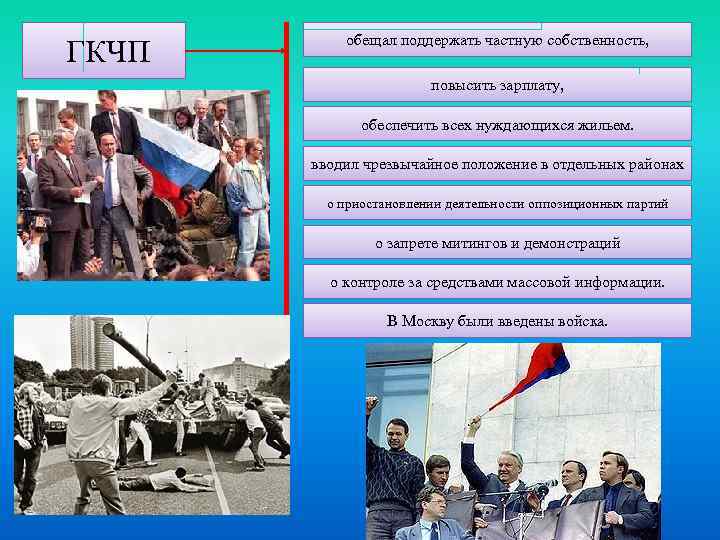  ГКЧП обещал поддержать частную собственность, повысить зарплату, обеспечить всех нуждающихся жильем. вводил чрезвычайное