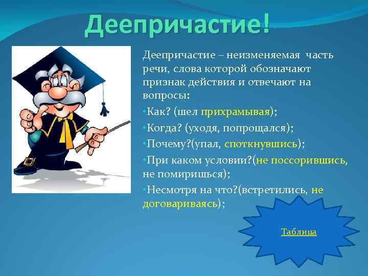 Деепричастие! Деепричастие – неизменяемая часть речи, слова которой обозначают признак действия и отвечают на