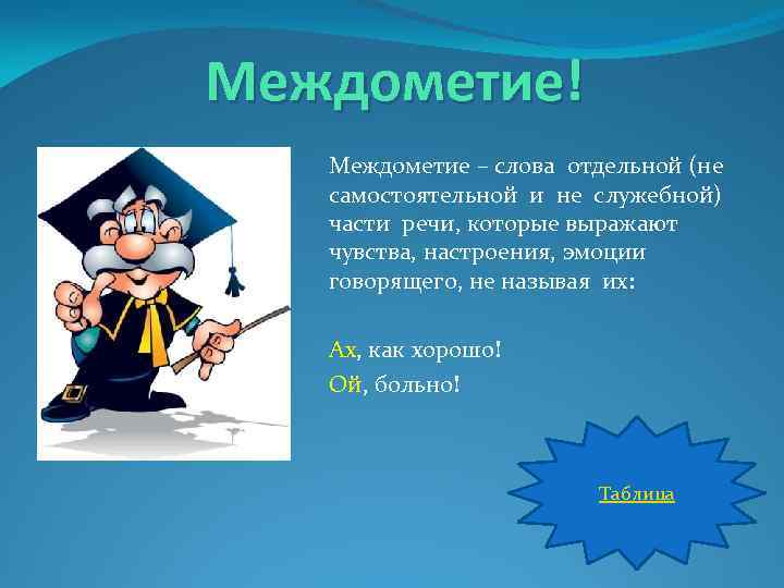 Междометие! Междометие – слова отдельной (не самостоятельной и не служебной) части речи, которые выражают