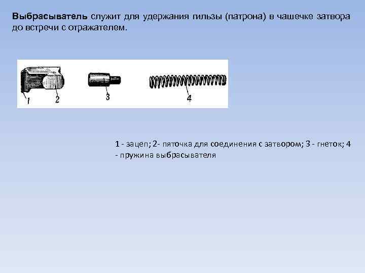 Выбрасыватель служит для удержания гильзы (патрона) в чашечке затвора до встречи с отражателем. 1