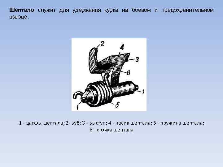 Шептало служит для удержания курка на боевом и предохранительном взводе. 1 - цапфы шептала;