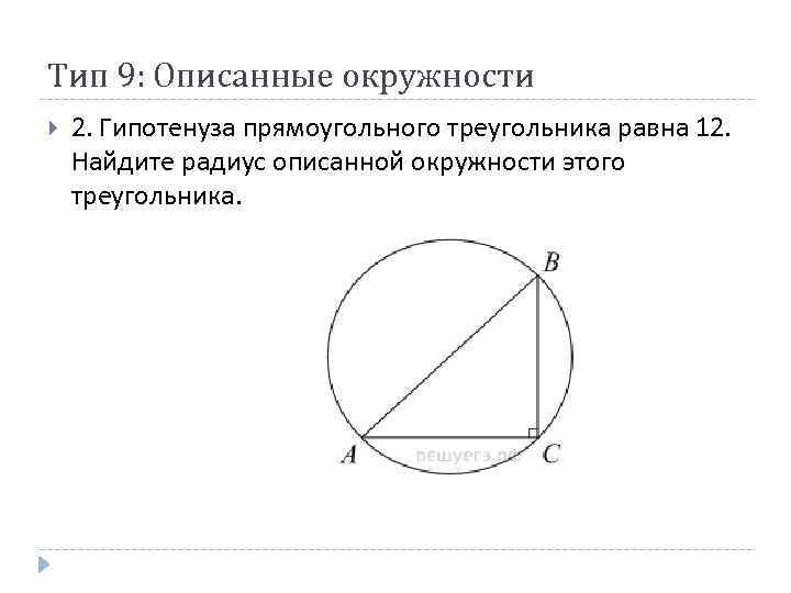 Тип 9: Описанные окружности 2. Гипотенуза прямоугольного треугольника равна 12. Найдите радиус описанной окружности