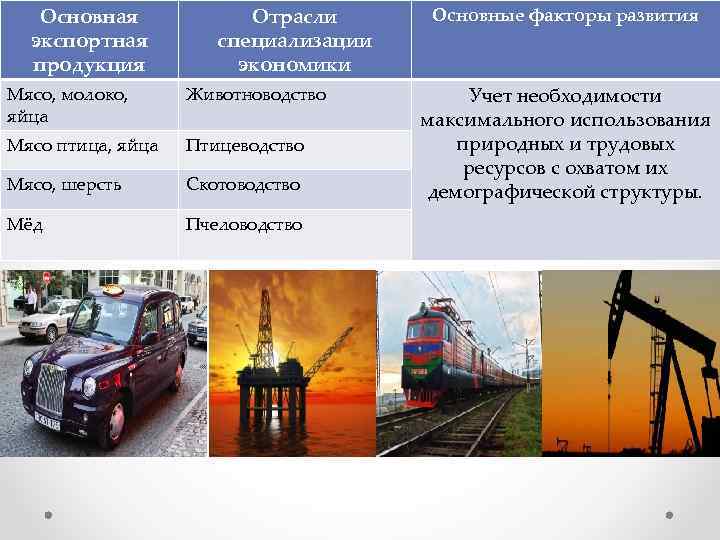 Основная экспортная продукция Отрасли специализации экономики Мясо, молоко, яйца Животноводство Мясо птица, яйца Птицеводство
