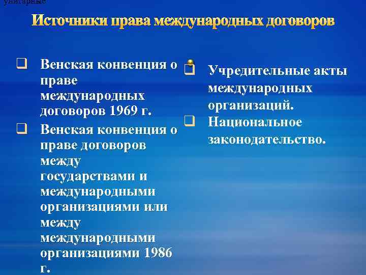 унитарные Источники права международных договоров q Венская конвенция о q Учредительные акты праве международных