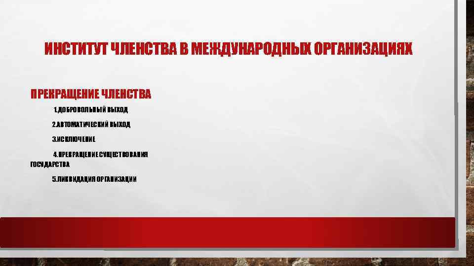 ИНСТИТУТ ЧЛЕНСТВА В МЕЖДУНАРОДНЫХ ОРГАНИЗАЦИЯХ ПРЕКРАЩЕНИЕ ЧЛЕНСТВА 1. ДОБРОВОЛЬНЫЙ ВЫХОД 2. АВТОМАТИЧЕСКИЙ ВЫХОД 3.