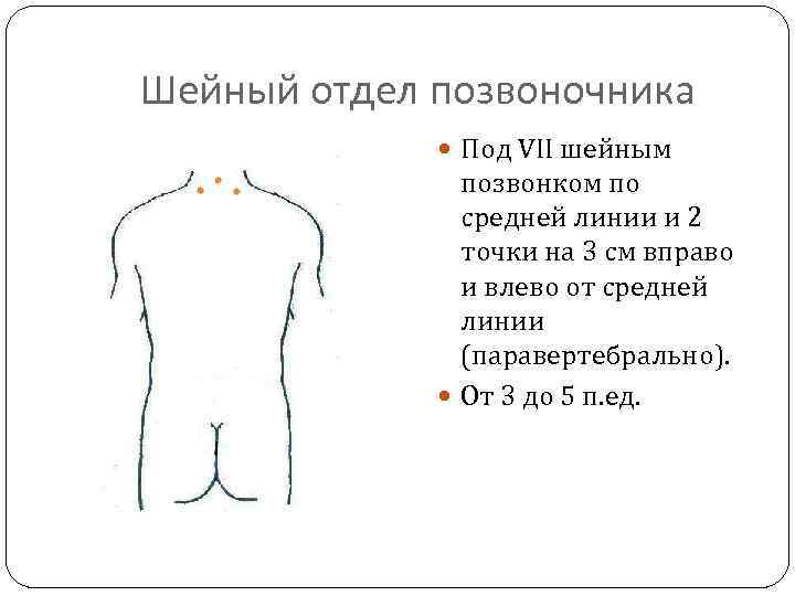 Шейный отдел позвоночника Под VII шейным позвонком по средней линии и 2 точки на