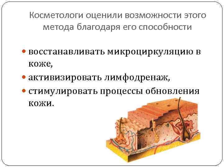 Косметологи оценили возможности этого метода благодаря его способности восстанавливать микроциркуляцию в коже, активизировать лимфодренаж,