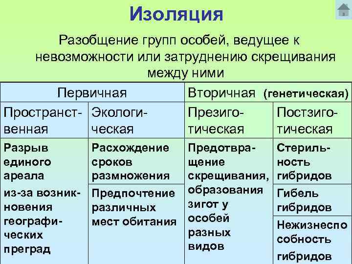 Изоляция Разобщение групп особей, ведущее к невозможности или затруднению скрещивания между ними Первичная Вторичная