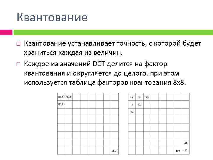 Квантование устанавливает точность, с которой будет храниться каждая из величин. Каждое из значений DCT