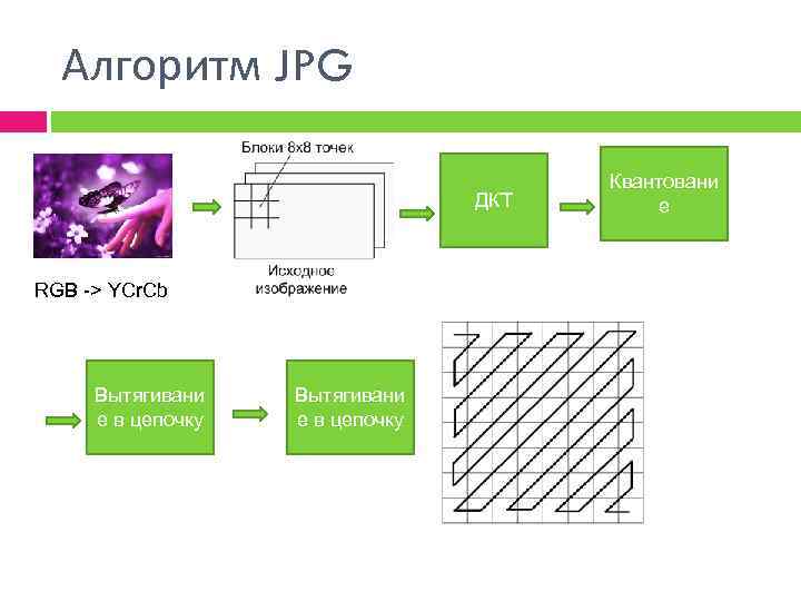 Алгоритм JPG ДКТ RGB -> YCr. Cb Вытягивани е в цепочку Квантовани е 