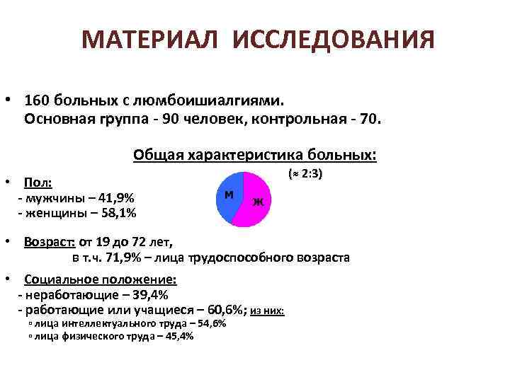 МАТЕРИАЛ ИССЛЕДОВАНИЯ • 160 больных с люмбоишиалгиями. Основная группа - 90 человек, контрольная -