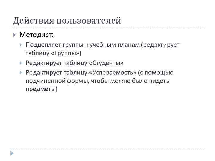 Действия пользователей Методист: Подцепляет группы к учебным планам (редактирует таблицу «Группы» ) Редактирует таблицу