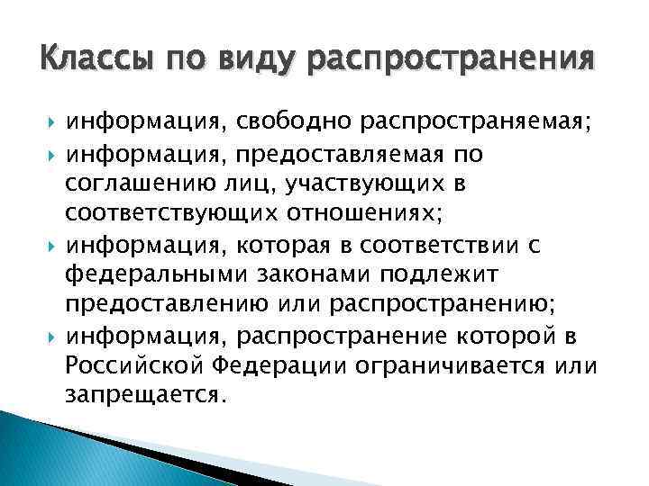 Классы по виду распространения информация, свободно распространяемая; информация, предоставляемая по соглашению лиц, участвующих в