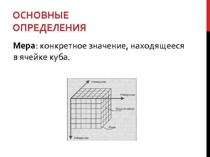 ОСНОВНЫЕ ОПРЕДЕЛЕНИЯ Мера: конкретное значение, находящееся в ячейке куба. 