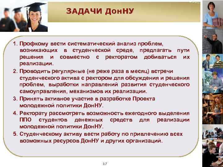 ЗАДАЧИ Дон. НУ 1. Профкому вести систематический анализ проблем, возникающих в студенческой среде, предлагать