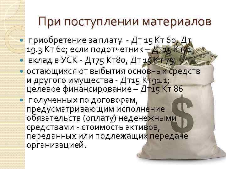 При поступлении материалов приобретение за плату - Дт 15 Кт 60, Дт 19. 3