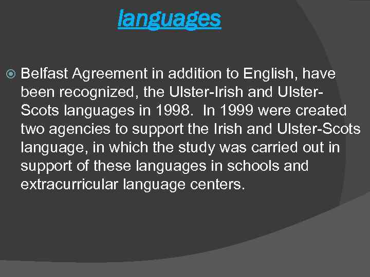 languages Belfast Agreement in addition to English, have been recognized, the Ulster-Irish and Ulster.
