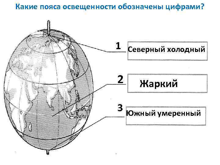 Какие пояса освещенности обозначены цифрами? 1 2 Северный холодный Жаркий 3 Южный умеренный 