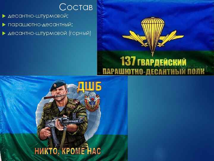Состав десантно-штурмовой; парашютно-десантный; десантно-штурмовой (горный) 