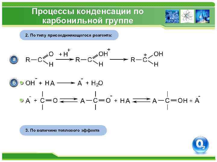 Процессы конденсации по карбонильной группе 2. По типу присоединяющегося реагента: а б 3. По