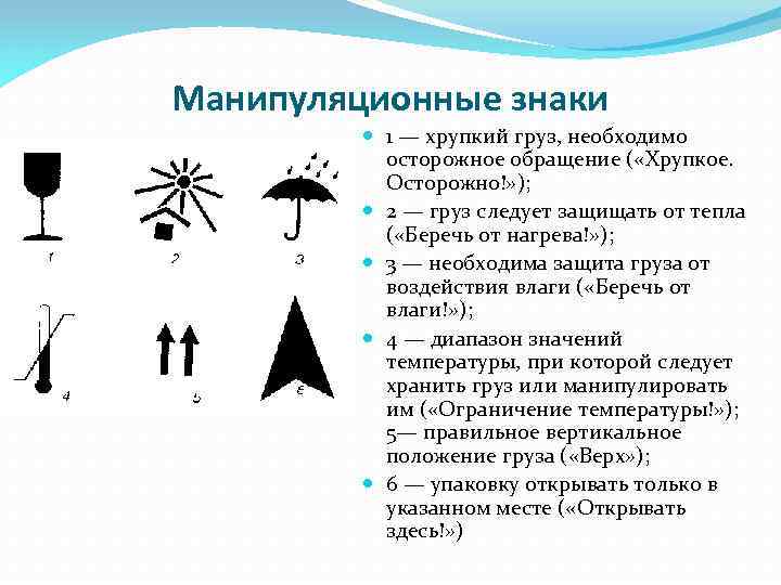 Манипуляционные знаки 1 — хрупкий груз, необходимо осторожное обращение ( «Хрупкое. Осторожно!» ); 2