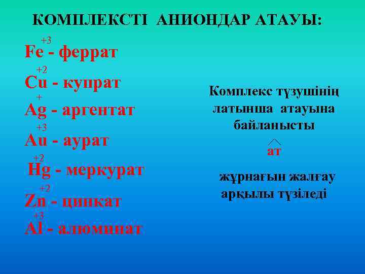 КОМПЛЕКСТІ АНИОНДАР АТАУЫ: +3 Fe - феррат +2 Cu - купрат + Ag -