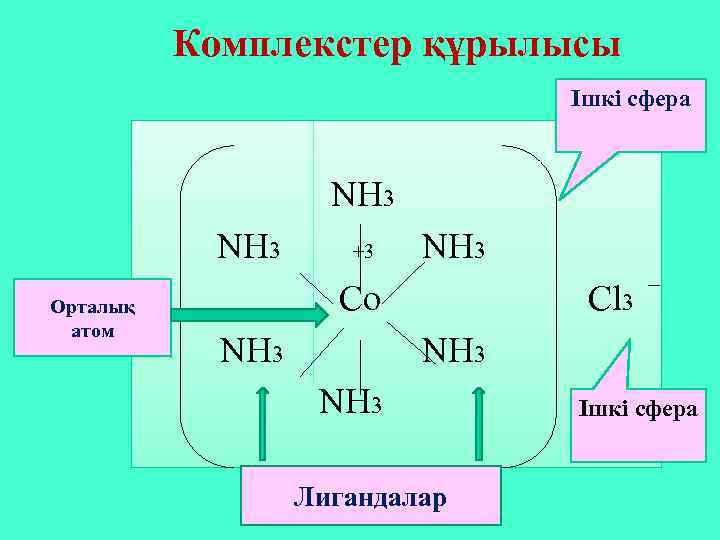 Комплекстер құрылысы Ішкі сфера NH 3 Орталық атом +3 NH 3 Co NH 3