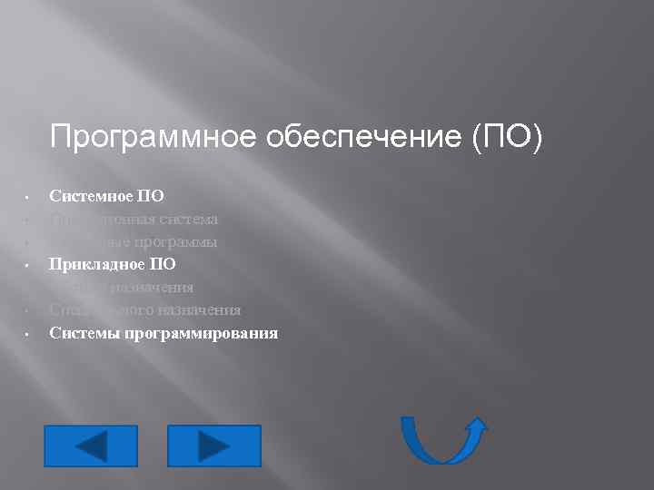 Программное обеспечение (ПО) • • Системное ПО Операционная система Сервисные программы Прикладное ПО Общего