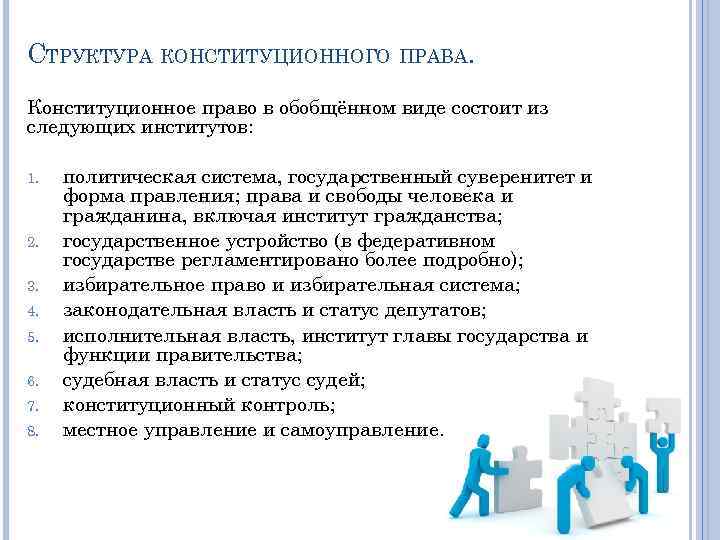 СТРУКТУРА КОНСТИТУЦИОННОГО ПРАВА. Конституционное право в обобщённом виде состоит из следующих институтов: 1. 2.