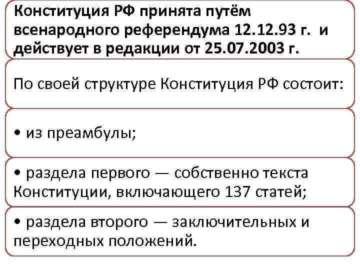 Конституция РФ принята путём всенародного референдума 12. 93 г. и действует в редакции от