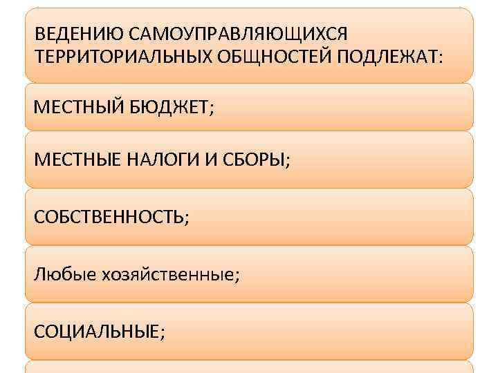 ВЕДЕНИЮ САМОУПРАВЛЯЮЩИХСЯ ТЕРРИТОРИАЛЬНЫХ ОБЩНОСТЕЙ ПОДЛЕЖАТ: МЕСТНЫЙ БЮДЖЕТ; МЕСТНЫЕ НАЛОГИ И СБОРЫ; СОБСТВЕННОСТЬ; Любые хозяйственные;