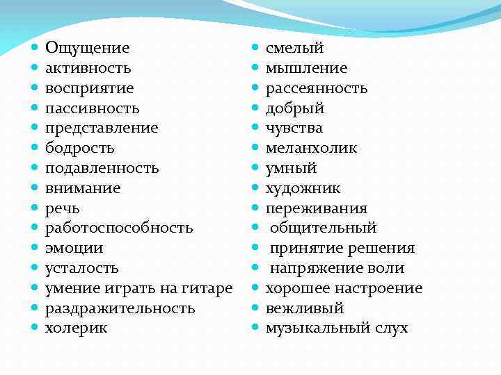  Ощущение активность восприятие пассивность представление бодрость подавленность внимание речь работоспособность эмоции усталость умение