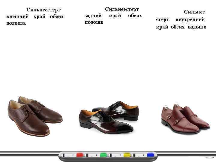 Сильнеестерт внешний край обеих подошв. Сильнеестерт задний край обеих подошв Сильнее стерт внутренний край