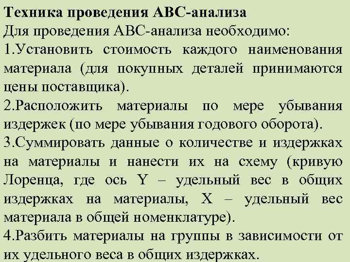 Техника проведения АВС-анализа Для проведения АВС анализа необходимо: 1. Установить стоимость каждого наименования материала