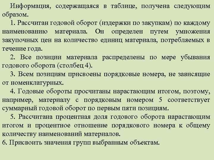 Информация, содержащаяся в таблице, получена следующим образом. 1. Рассчитан годовой оборот (издержки по закупкам)