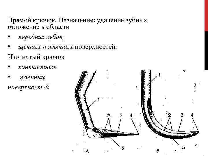 Прямой крючок. Назначение: удаление зубных отложение в области • передних зубов; • щечных и