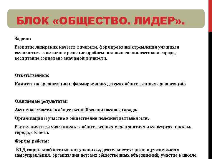 БЛОК «ОБЩЕСТВО. ЛИДЕР» . Задачи: Развитие лидерских качеств личности, формирование стремления учащихся включиться в