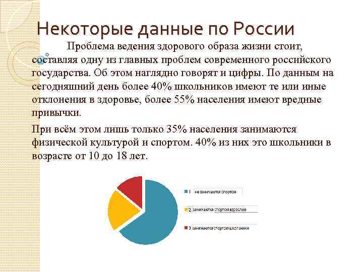 Некоторые данные по России Проблема ведения здорового образа жизни стоит, составляя одну из главных