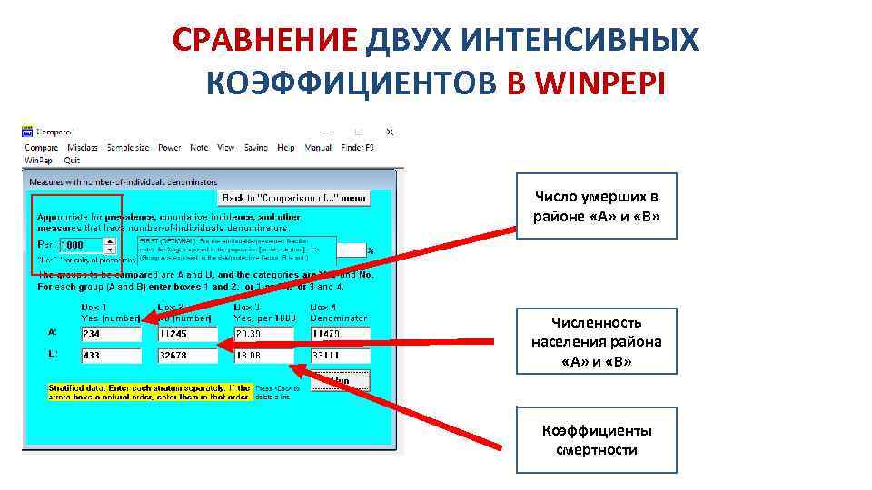 СРАВНЕНИЕ ДВУХ ИНТЕНСИВНЫХ КОЭФФИЦИЕНТОВ В WINPEPI Число умерших в районе «А» и «В» Численность