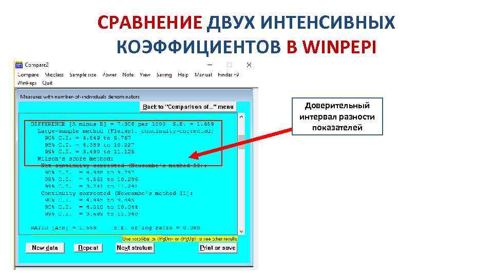 СРАВНЕНИЕ ДВУХ ИНТЕНСИВНЫХ КОЭФФИЦИЕНТОВ В WINPEPI Доверительный интервал разности показателей 