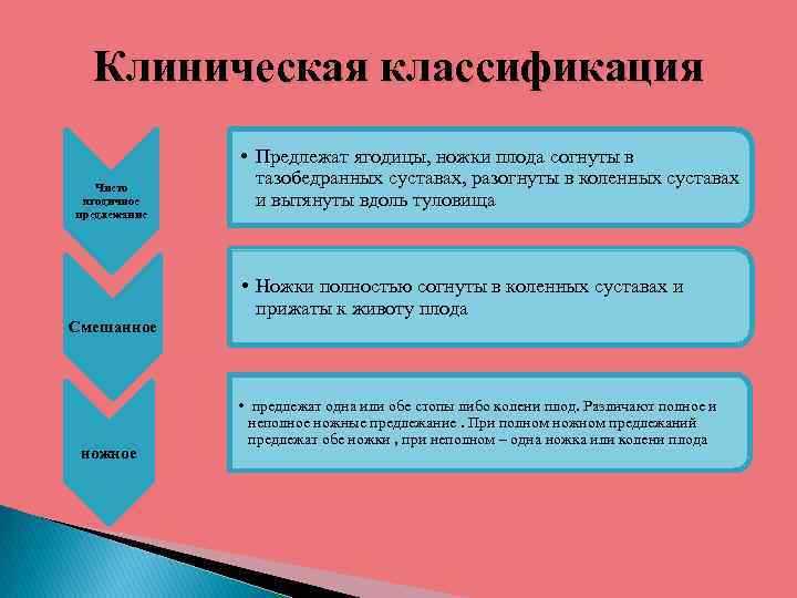 Клиническая классификация Чисто ягодичное предлежание Смешанное ножное • Предлежат ягодицы, ножки плода согнуты в