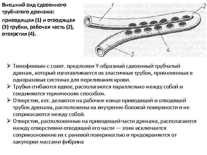 Внешний вид сдвоенного трубчатого дренажа: приводящая (1) и отводящая (3) трубки, рабочая часть (2),